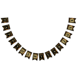 Happy New Year 20XX Gold & Black Fireworks Bunting Flags