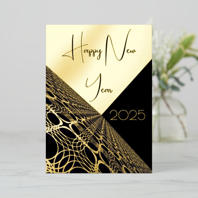 Happy New Year 20xx modern gold lace on black bg Foil Invitation (Standing Front)