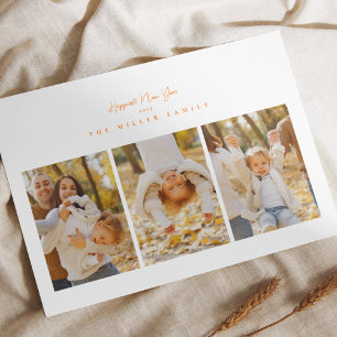 Happy new year 25 minimal 4 photo collage orange  holiday card