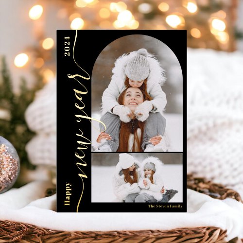 Happy New Year 3 photo arch modern script gold Foil Holiday Card