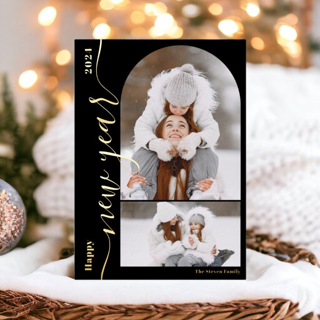 Happy New Year 3 photo arch modern script gold Foil Holiday Card (Happy New Year 3 photo arch modern script gold Foil Holiday Card)