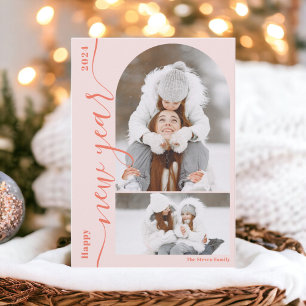 Happy New Year 3 photo arch modern script  orange  Holiday Card
