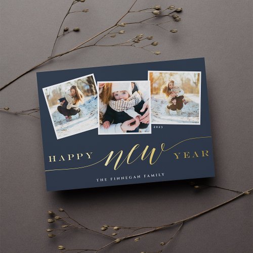 Happy New Year 3 Photo Collage Foil Holiday Card