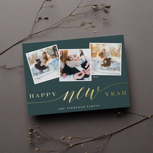 Happy New Year 3 Photo Collage Foil Holiday Card