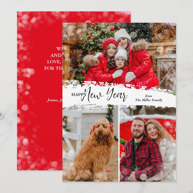Happy New Year 3 Photo Holiday Card (Front/Back)