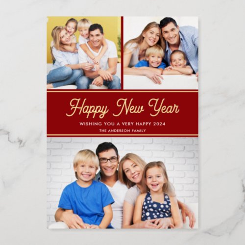 Happy New Year 3 Photos Red Gold Foil Holiday Card
