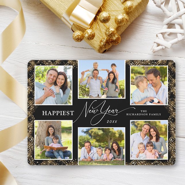 Happy New Year 6 Photos Faux Glitter Holiday Card (Creator Uploaded)