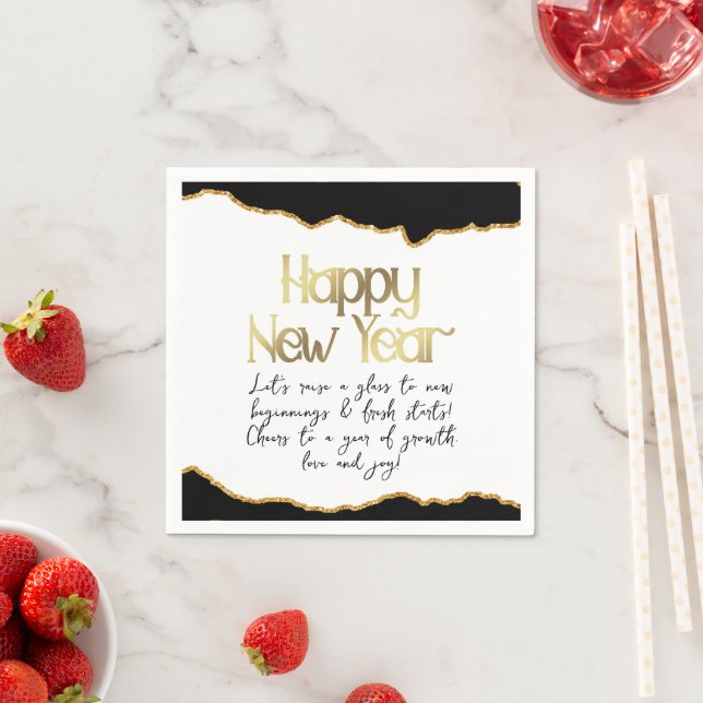 Happy New Year and Wishes Gold Agate Napkins (Insitu)