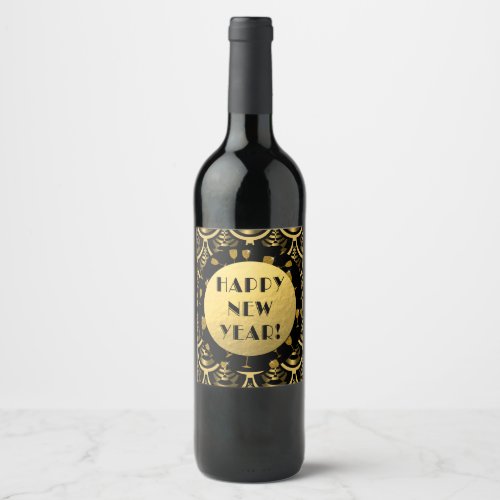 Happy New Year Art Deco Gold and Black Wine Label