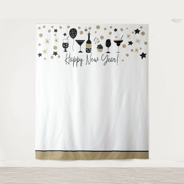 Happy New Year Backdrop Photos Gold Black White (Front)