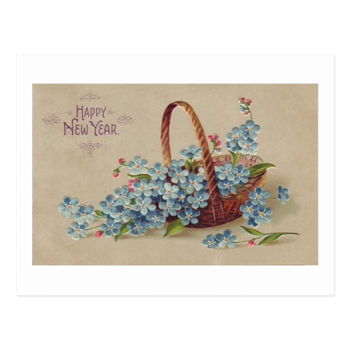 Happy New Year Basket with Flowers Postcard