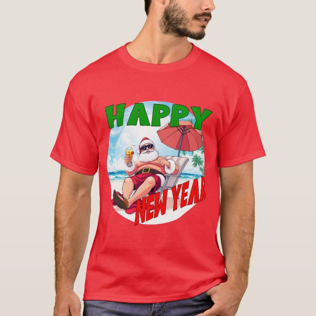 Happy New Year Beach Santa  T-Shirt (Front)