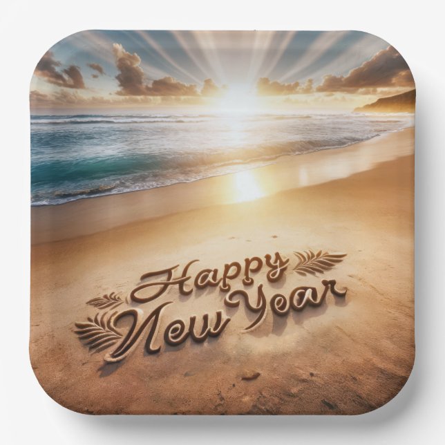 Happy New Year Beach Sunrise Paper Plates (Front)