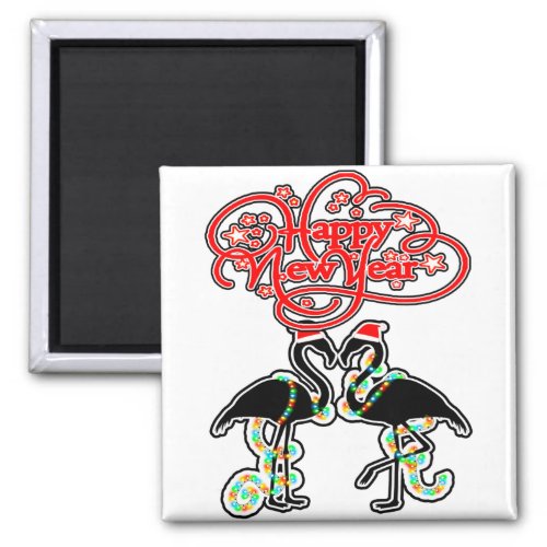 Happy New Year Beautiful Flamingos Cartoon Magnet