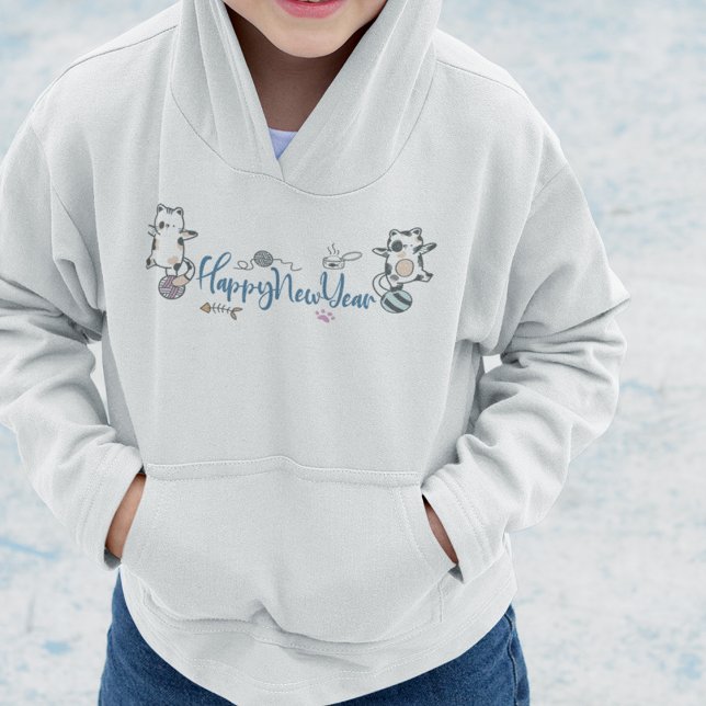 Happy New Year Between Kittens Balanced On A Yarn  Hoodie (Happy New Year Between Kittens Balanced On A Yarn Hoodie)