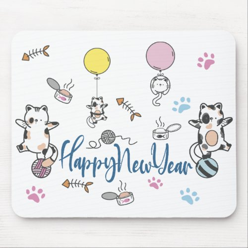 Happy New Year Between Kittens Balanced On A Yarn  Mouse Pad