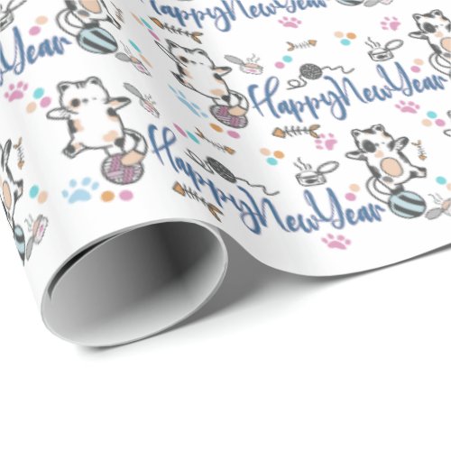 Happy New Year Between Kittens Balanced On A Yarn  Wrapping Paper