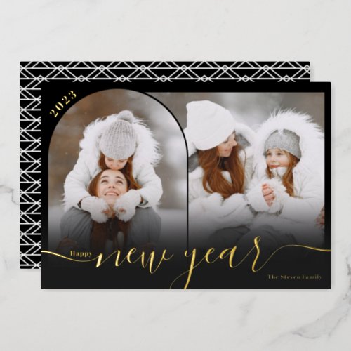 Happy New Year black 2 photo arch overlay collage Foil Holiday Card