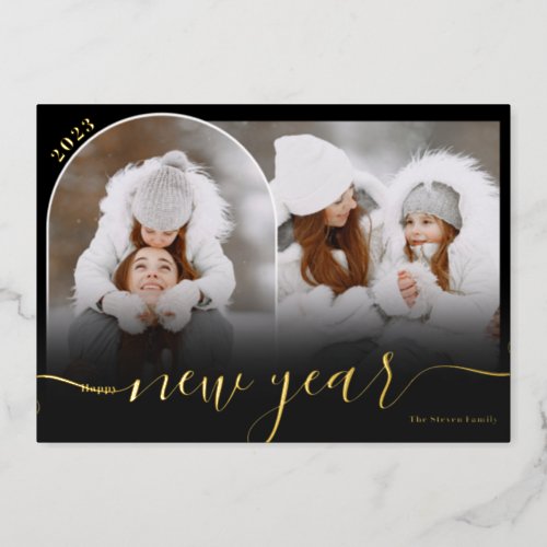 Happy New Year black 2 photo arch overlay collage Foil Holiday Card