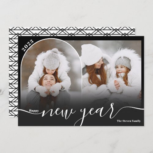 Happy New Year black 2 photo arch overlay collage Holiday Card