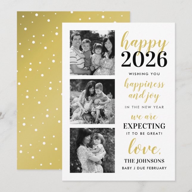 Happy New Year Black and Gold Expecting in 2026 Holiday Card (Front/Back)