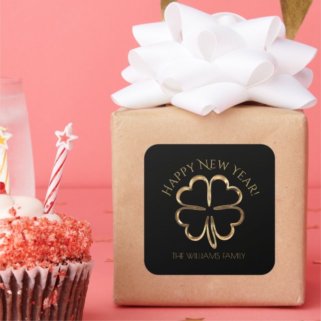 Happy New Year Black and Gold Four Leaf Clover Square Sticker (Party)