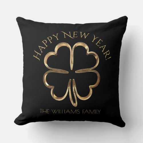 Happy New Year Black and Gold Four Leaf Clover  Throw Pillow