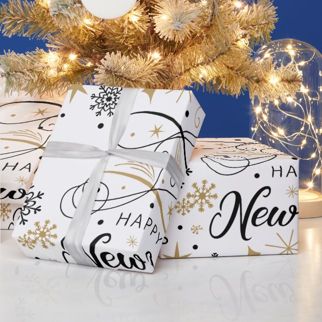 Happy New Year Black and Gold Snowflake  Wrapping Paper (Holidays)