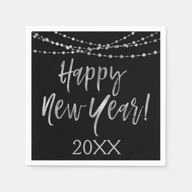 Happy New Year Black and Silver Foil String Lights Napkins (Front)