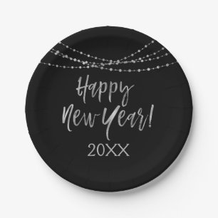 Happy New Year Black and Silver Foil String Lights Paper Plates