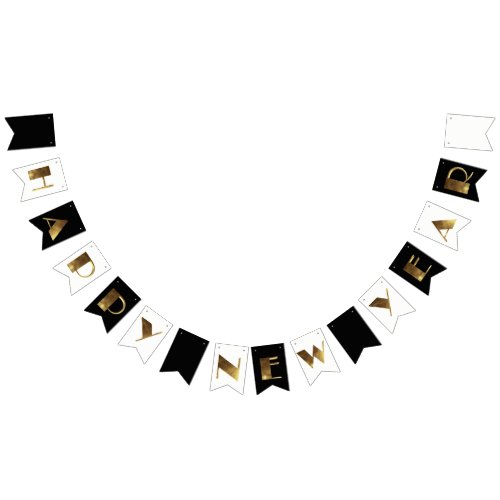 Happy New Year Black and White Golden Typography Bunting Flags