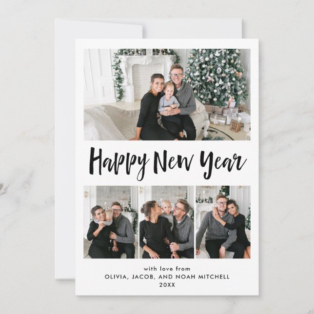 Happy New Year | Black and White Multi Photo Grid Holiday Card (Front)