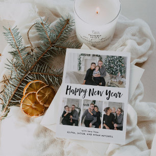 Happy New Year Black and White Multi Photo Grid Holiday Postcard