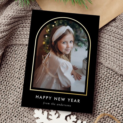 Happy New Year Black Arch Photo Foil Holiday Card