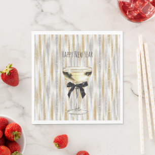 Happy New Year Black Bow Gold Silver Champagne Napkins