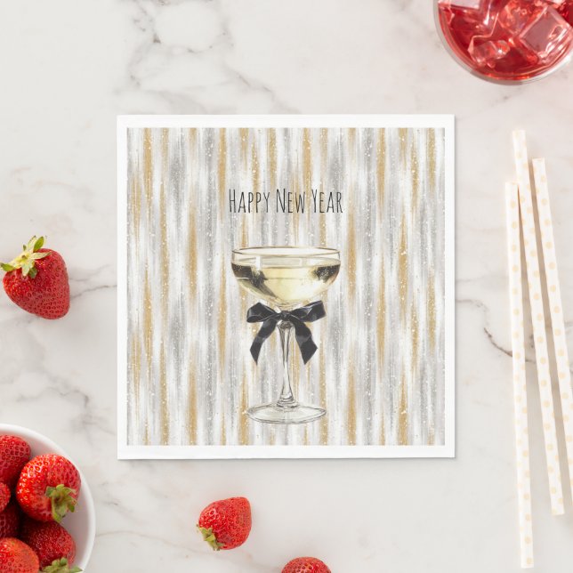 Happy New Year Black Bow Gold Silver Champagne Napkins (Insitu)