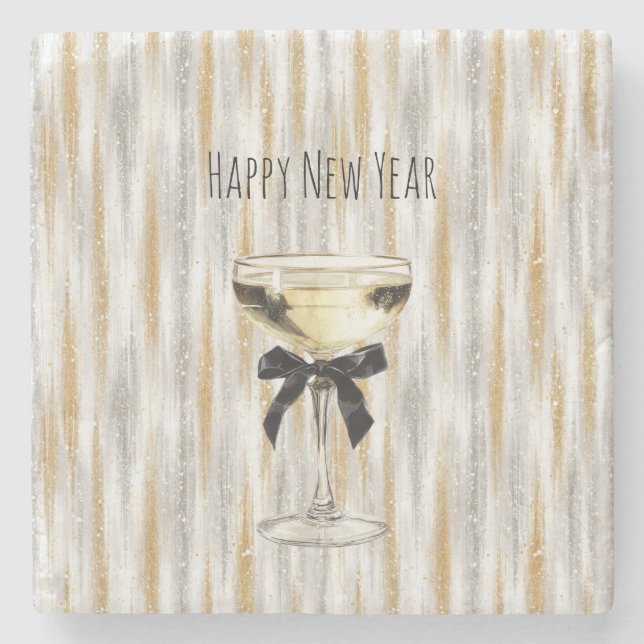 Happy New Year Black Bow Gold Silver Champagne Stone Coaster (Front)