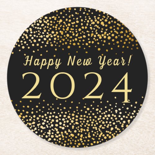 Happy New Year Black Faux Gold Confetti 2019 Round Paper Coaster