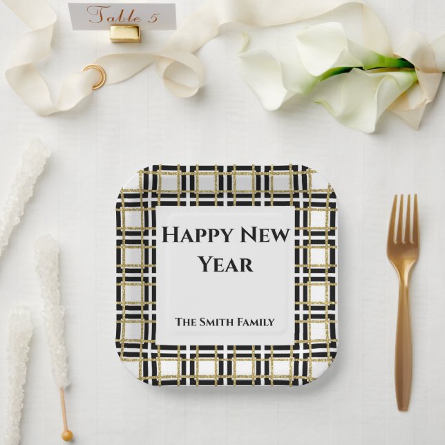 Happy  New Year Black Gold Boxes Paper Plates (Wedding)