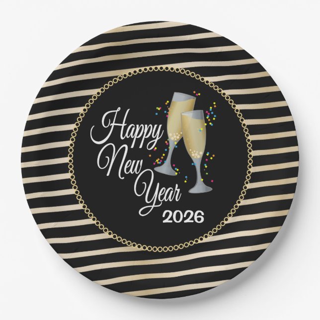 Happy New Year Black & Gold, Champagne Paper Plates (Front)