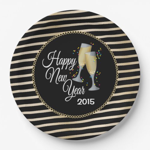 Happy New Year Black  Gold Champagne Paper Plates