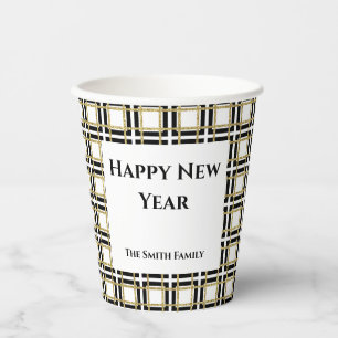 Happy New Year Black Gold Checkered BoxesPaper cup