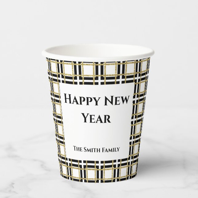 Happy New Year Black Gold Checkered BoxesPaper cup (Front)