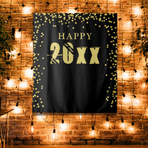 Happy New Year Black Gold Confetti Photo Backdrop