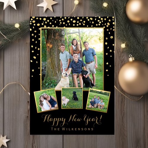 Happy New Year Black  Gold Confetti Photo Collage Holiday Card