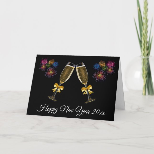 Happy New Year Black Gold Fireworks Card (Front)