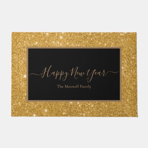 Happy New Year black gold glitter family name Doormat