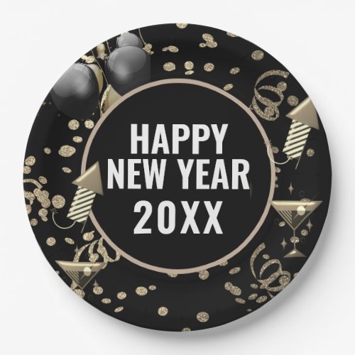 Happy New Year Black Gold Glitter Festive Party Paper Plates