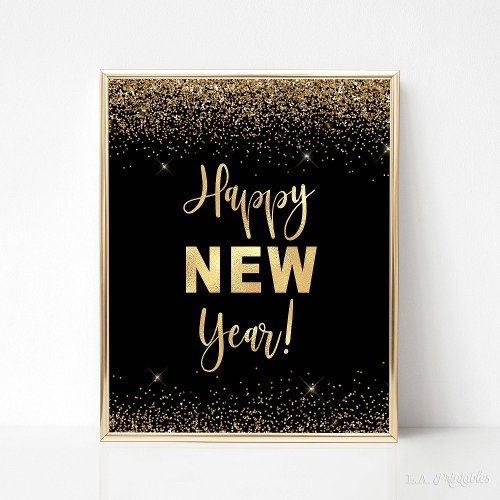 Happy New Year Black  Gold Glitter Party Sign