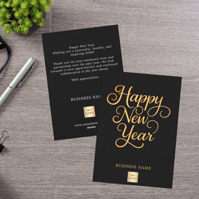 Happy New Year black gold script business logo Holiday Card (Creator Uploaded)